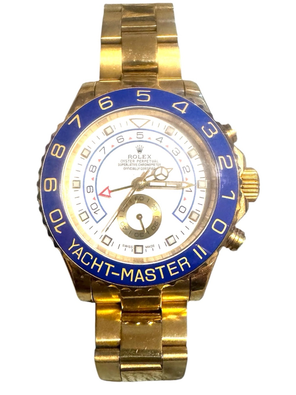 RLX-Inspired Yacht-Master Gold Tone Watch with Blue Bezel and White Dial